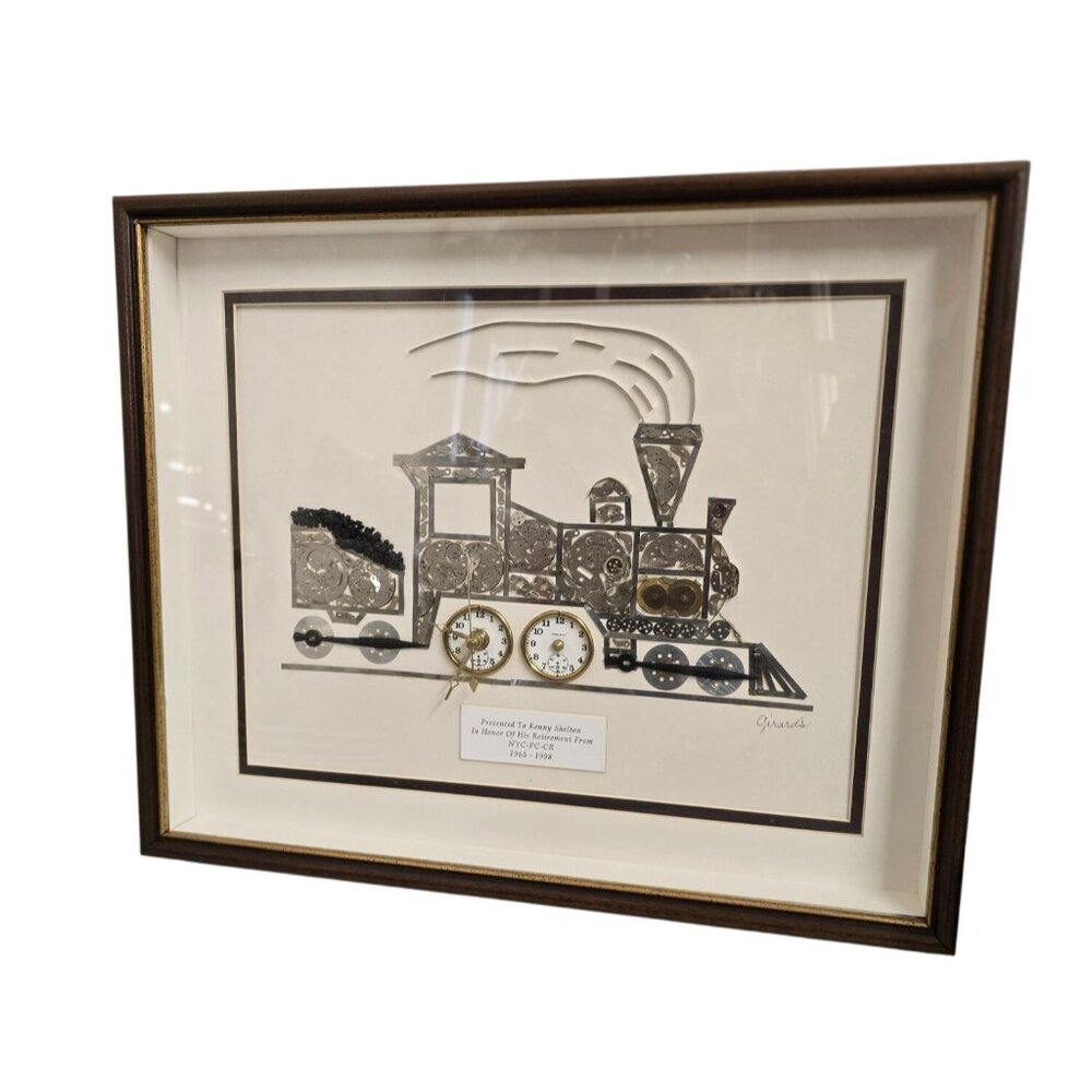 Shadowbox Framed Train Artwork Clock Parts Collage by Girard 17" x 14"
